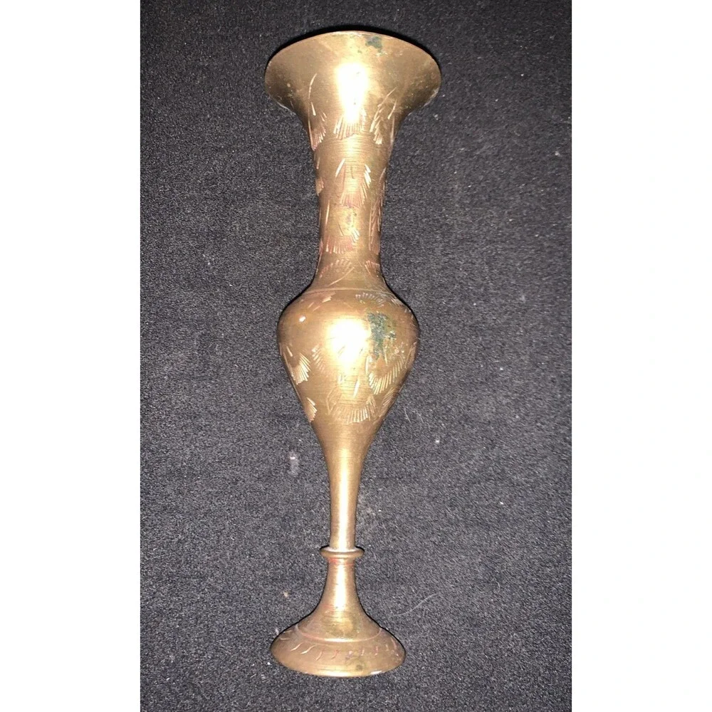 Vintage Solid Brass Small Vase 6 Inch - Etched